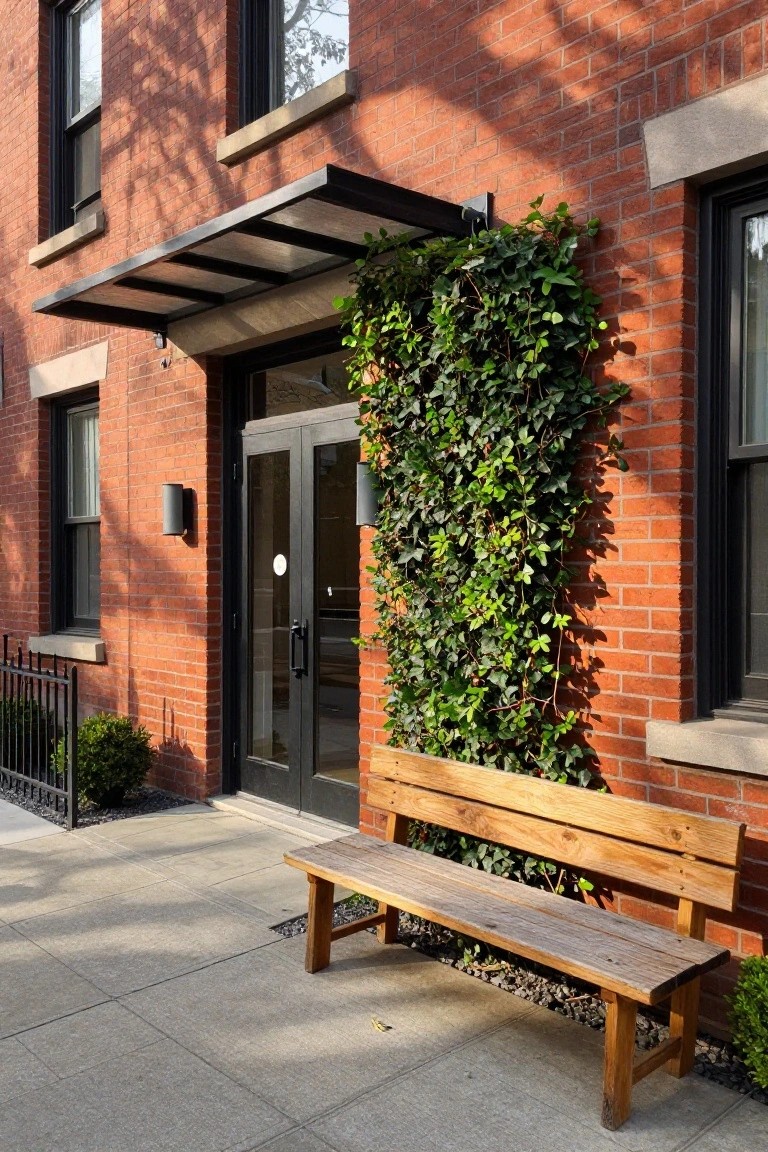 Red brick townhouse facade with a tall ivy-covered wall beside black-framed glass entry doors, a wooden bench on the sidewalk, metal railing, and small shrubs in front.