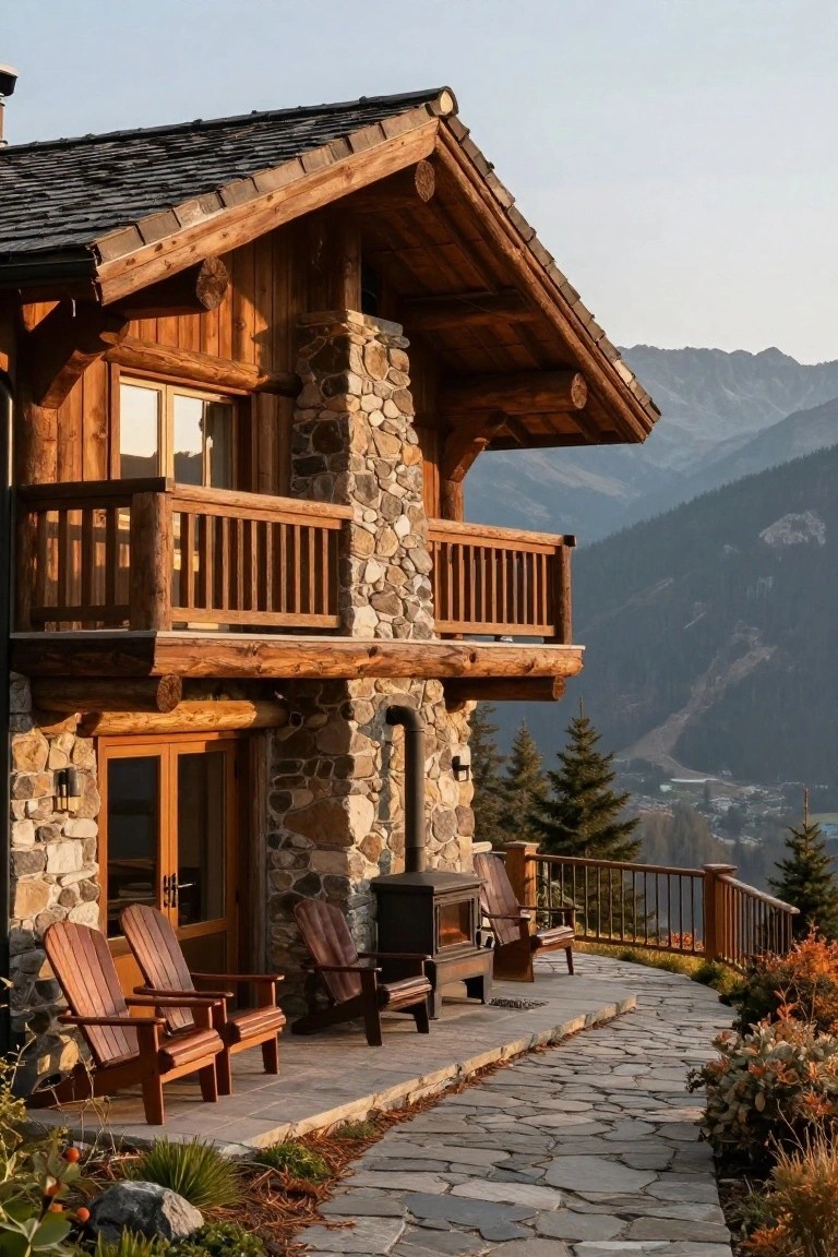 A multi-story chalet-style house with dark wood cladding, stone walls and chimney, wooden balcony, Adirondack chairs on a stone patio, and mountain backdrop at dusk.
