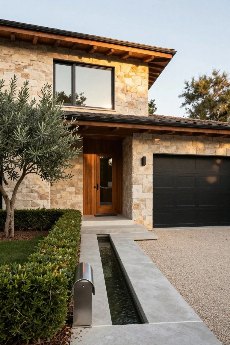 Beige stone house exterior with wooden double doors under timber overhang, black garage door, olive tree, boxwood hedges, water channel, stainless steel mailbox, concrete path, and gravel driveway.