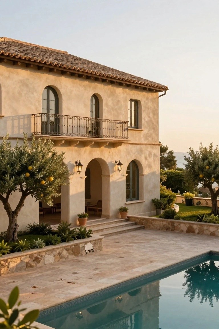 Beige stucco house exterior with terracotta tile roof, metal balcony railing, arched entry and windows, olive trees bearing fruit, stone retaining wall, tiled pool deck, and turquoise pool in foreground at sunset.