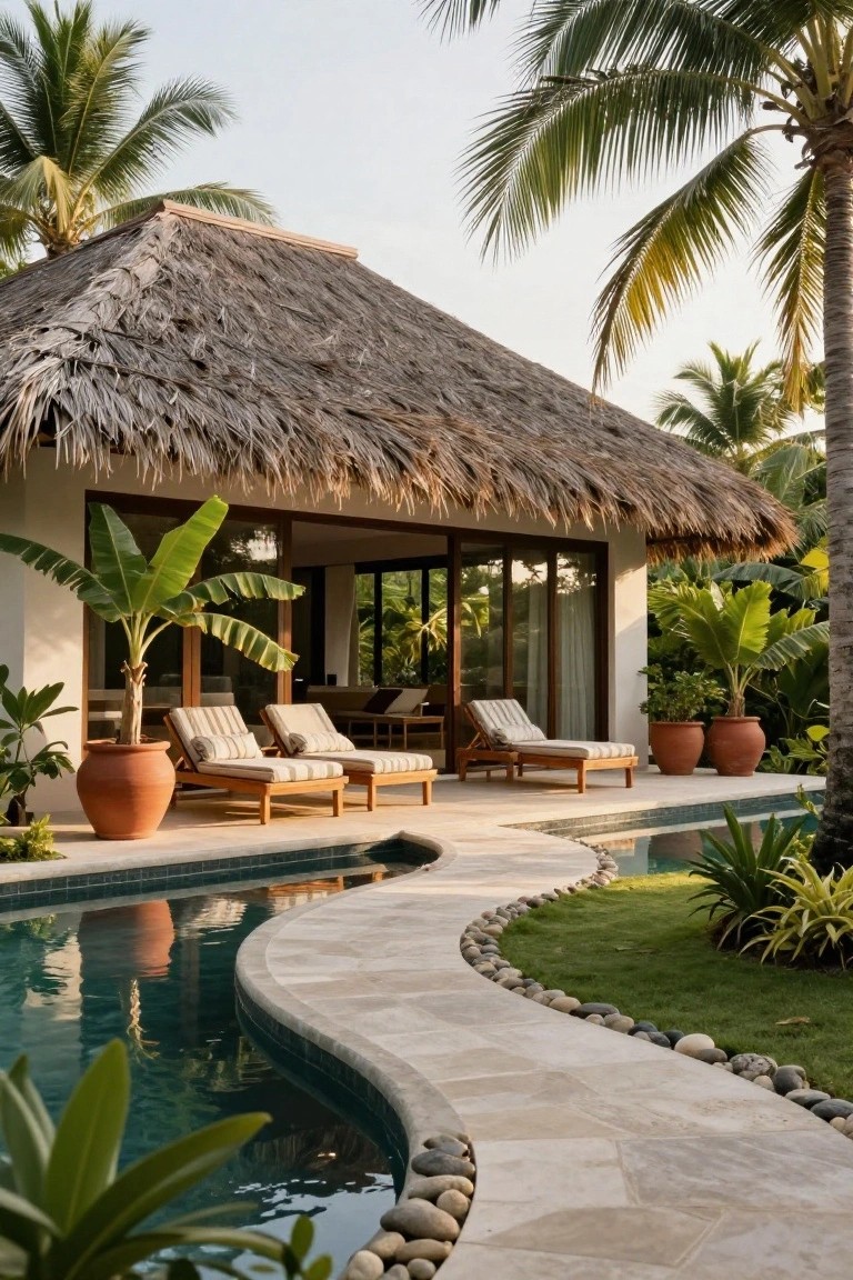 Thatched-roof bungalow exterior with wooden loungers on deck beside large terracotta pots, curving stone pathway along emerald pool amid tropical plants and palms.