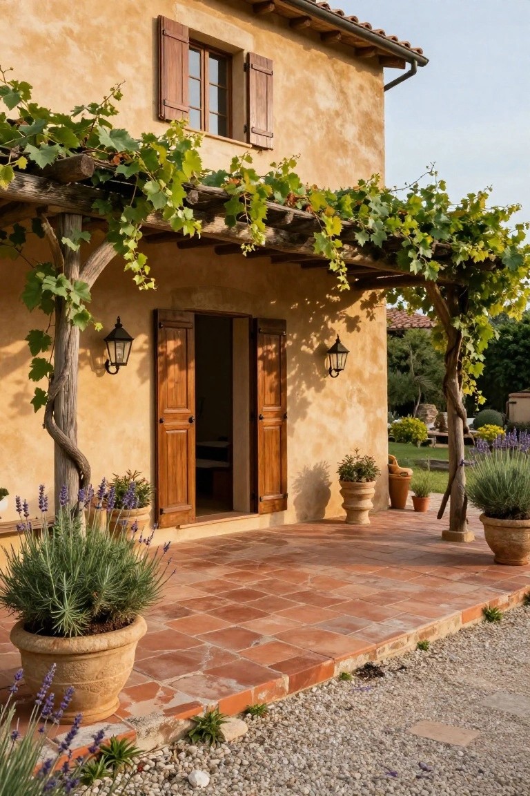 Ochre stucco house exterior with wooden shutters and open double doors under a wooden pergola covered in green grapevines, flanked by lanterns on a terracotta-tiled terrace with potted lavender, agave, and other plants, gravel path nearby.