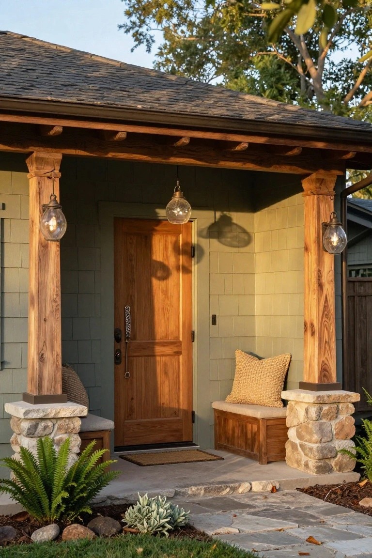 Front porch of a sage green shingle-style house with tapered wooden columns on stone plinths, built-in wooden benches topped with cushions, a paneled wooden entry door, hanging globe lanterns, ferns and agave plants at the base, and a stone pathway leading up.