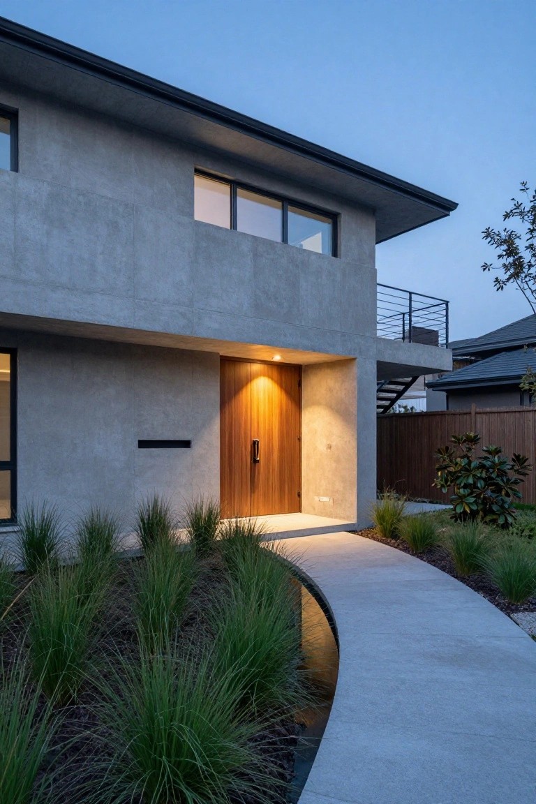Modern concrete house exterior at dusk with a tall wooden front door in a recessed entry, warm entry lighting, curved concrete pathway, and tall ornamental grasses along the approach.