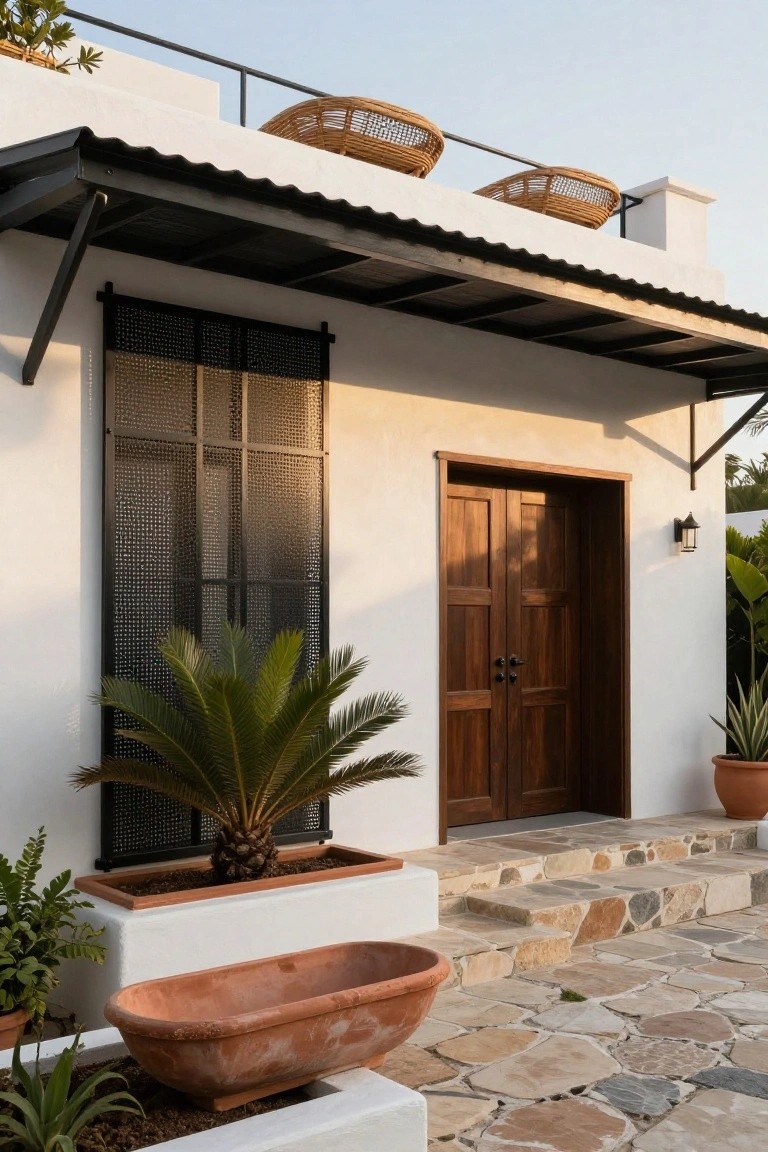 White stucco house exterior with brown wooden double front doors, adjacent black metal screen window, potted palm and ferns, terracotta planters, stone steps, and metal roof awning.