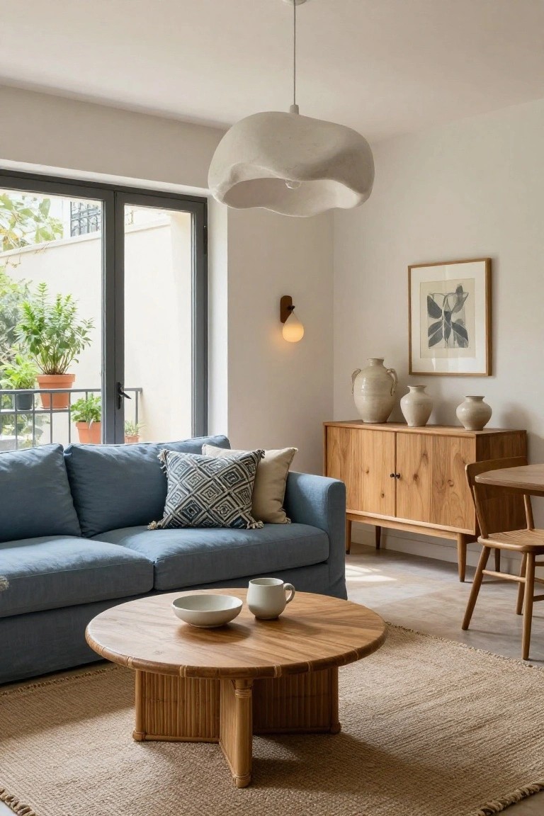 Light living room featuring a blue linen sofa with patterned and neutral pillows, a low round wooden coffee table holding a bowl and cups, wooden sideboard with ceramic vases, and French doors opening to a balcony with potted plants.