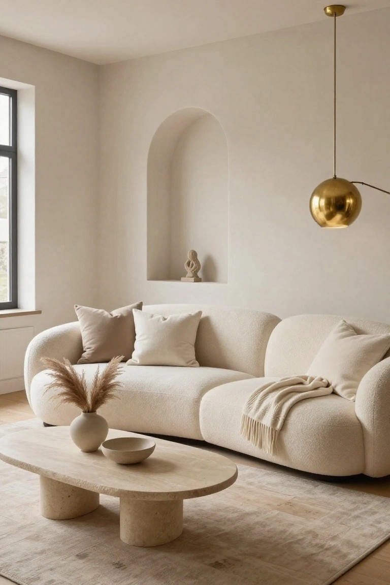 Neutral living room with curved cream sofa, stone coffee table, and gold pendant light.