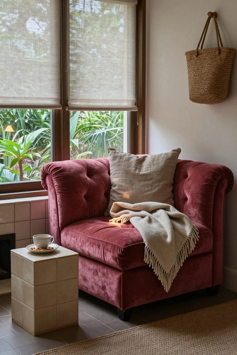 Red tufted velvet armchair in a room corner by a window with sheer blinds and tropical plants outside, draped with a cream knit throw blanket, beside a cubic white side table holding a teacup with macarons.