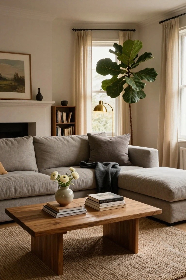 Light gray linen L-shaped sectional sofa in a living room with a dark gray throw blanket draped over the back, wooden coffee table holding stacked books and a vase of white flowers, beside a white fireplace and large potted fiddle leaf fig plant.