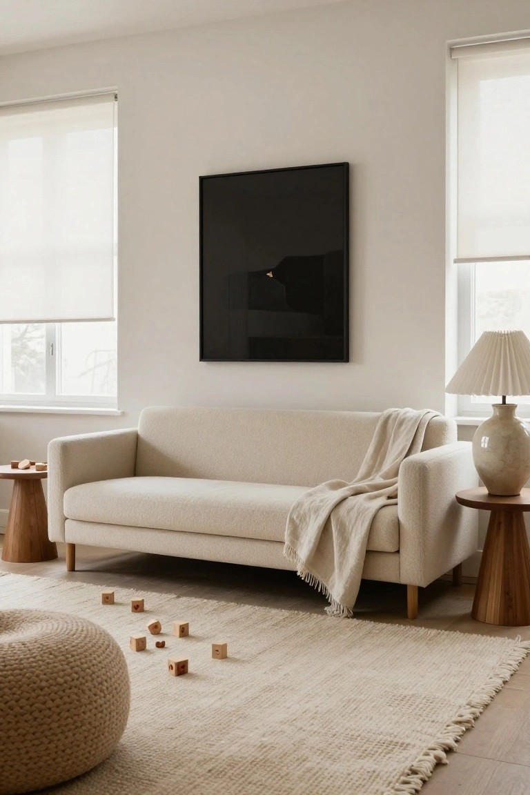Cream bouclé sofa with a light throw draped over one arm in a minimalist living room featuring white walls, blinds on windows, black framed art, wooden side tables, a ceramic lamp, beige rug, knit pouf, and scattered wooden toys.