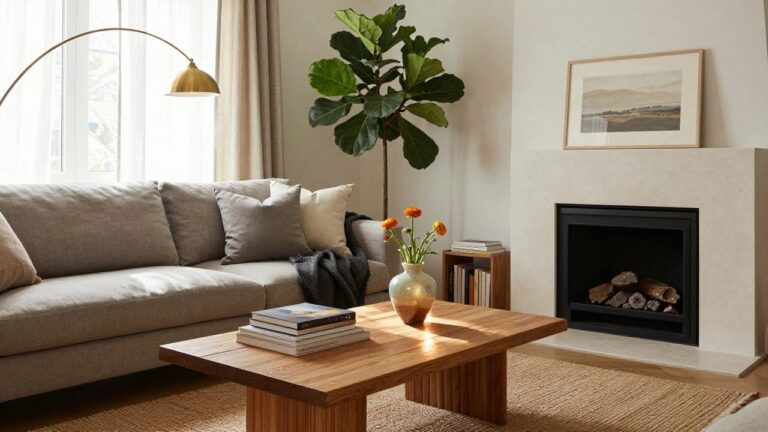 Light gray linen L-shaped sectional sofa in a living room with a dark gray throw blanket draped over the back, wooden coffee table holding stacked books and a vase of white flowers, beside a white fireplace and large potted fiddle leaf fig plant.