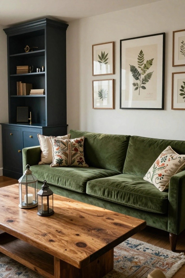 A living room with an emerald green velvet sofa, patterned pillows, live-edge wooden coffee table holding brass lanterns and candles, dark navy built-in bookcase cabinet, and framed botanical leaf prints on white walls.