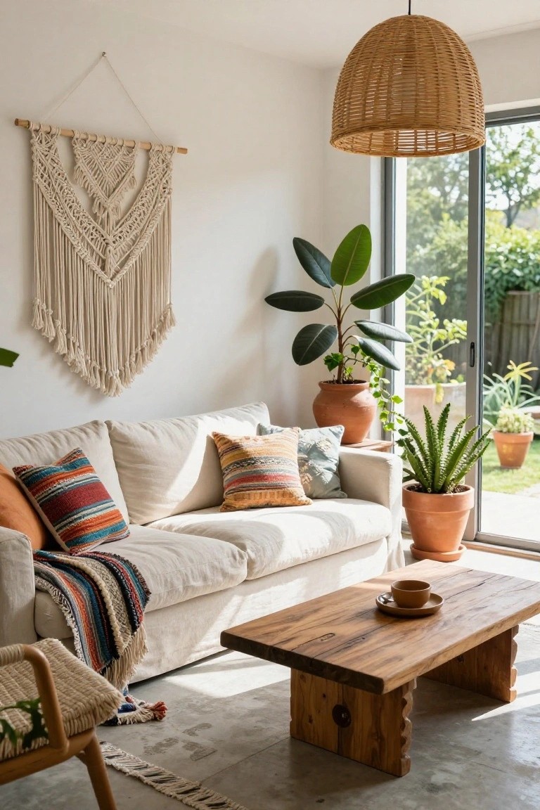 Light beige linen sofa with colorful striped and patterned pillows, a woven throw blanket, wooden coffee table, potted plants, and macrame wall hanging in a sunny living room with sliding glass doors to garden.