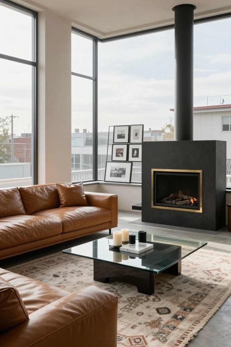 Modern living room featuring a tan leather L-shaped sofa facing a tall black stone gas fireplace with gold frame, glass coffee table with candles on a patterned rug, large corner windows, and framed photos on walls.