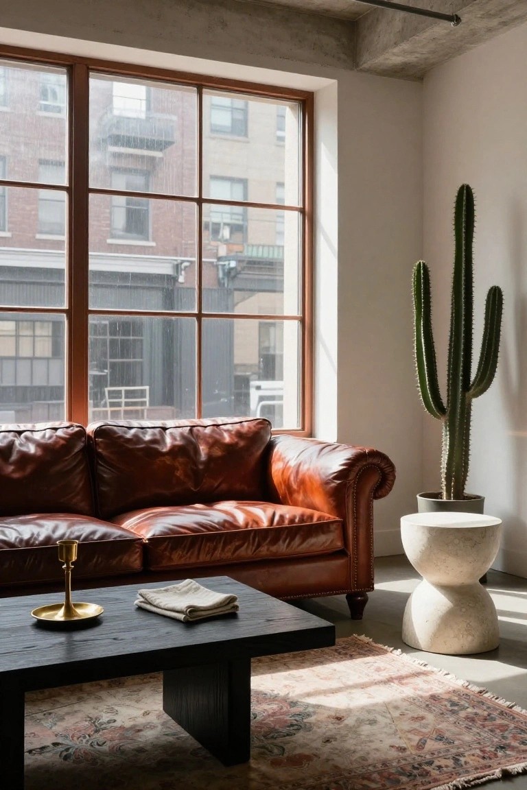 Brown leather sofa by large window with cactus and black coffee table.