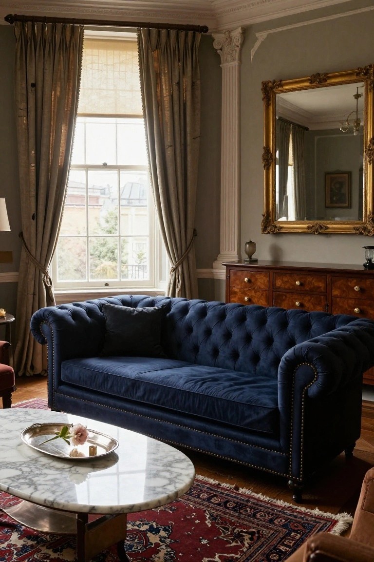 Navy blue tufted velvet Chesterfield sofa in a traditional interior with marble oval coffee table holding a silver tray and pink rose, red Persian rug, wooden sideboard, gold mirror, and tall window with beige curtains.