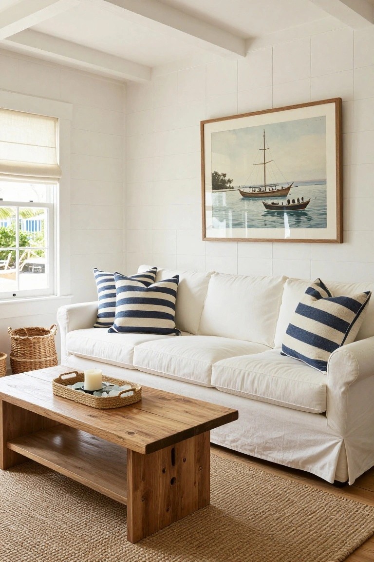 White slipcovered sofa with navy and white striped pillows in a bright room with wooden coffee table, seagrass rug, nautical boat painting on wall, shiplap walls, and windows showing palm trees and outdoor seating.