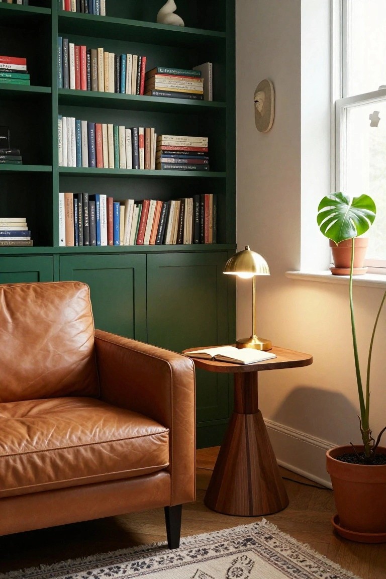 Tan leather armchair positioned next to tall dark green wooden bookshelves in a room with a brass dome lamp on a round wooden side table holding an open book, a monstera plant in a pot by the window, another potted plant on the floor, and a patterned rug.
