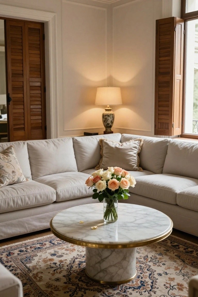 Beige L-shaped sofa in a light corner room with white walls, round white marble coffee table holding a glass vase of pink and white roses, brass-based lamp on a side table, and wooden shutters on windows.