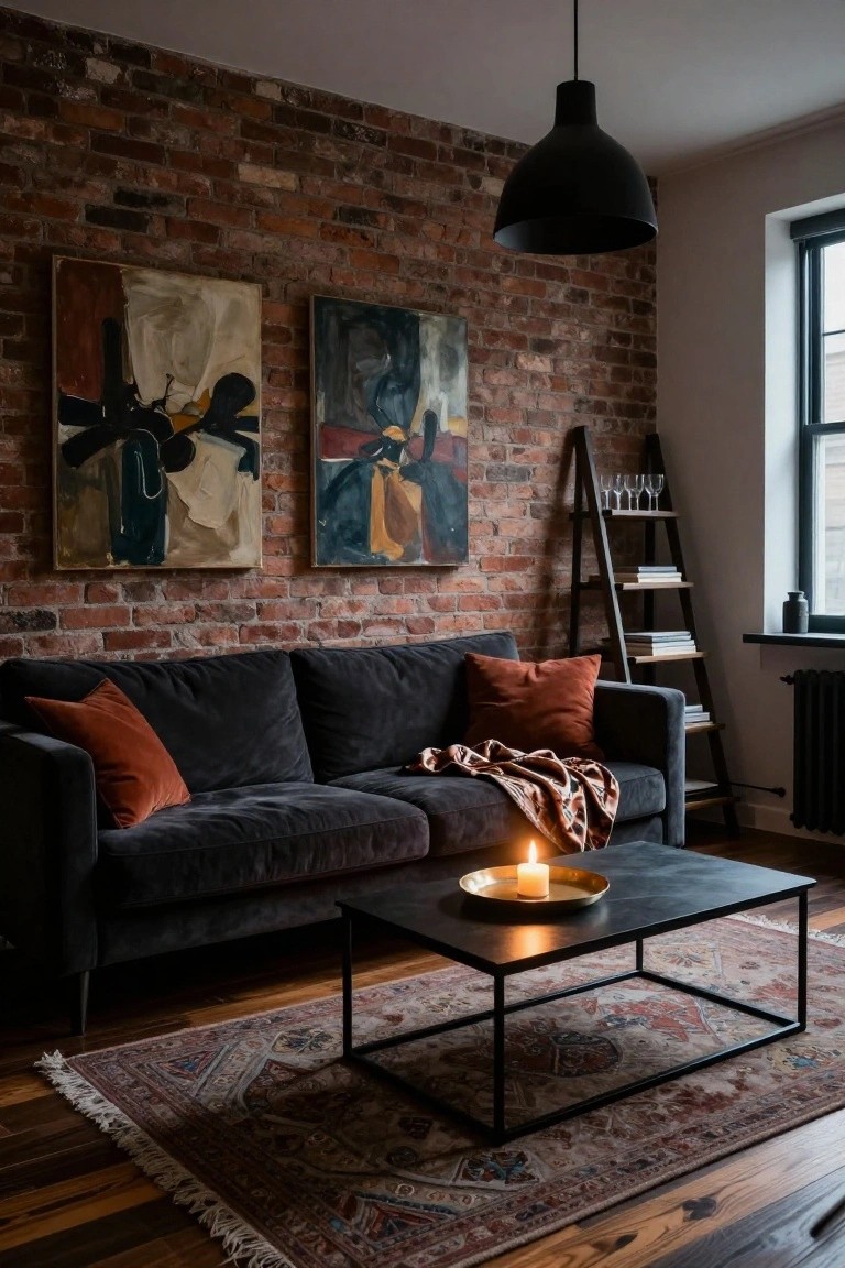 Dark gray velvet three-seater sofa with rust orange pillows and throw blanket in a brick-walled living room, black metal coffee table holding a brass tray with lit candle, ladder shelf with glasses and books, abstract paintings on wall, patterned rug on wood floor.