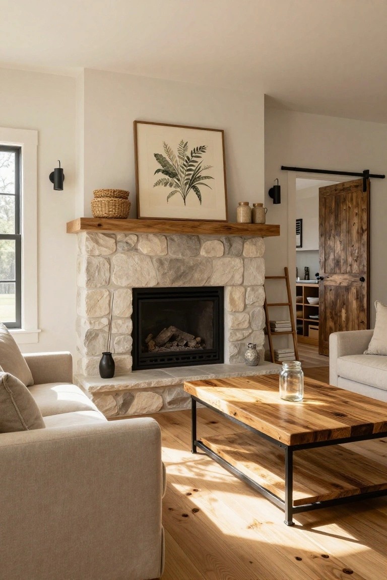 A light beige sofa faces a stone fireplace in a living room with light wood floors, a rectangular reclaimed wood coffee table on black metal legs in front, and a large fern print on the wall above the mantel.