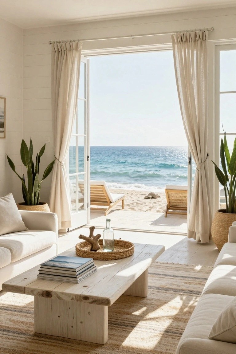 Bright white living room with two white sofas facing a low whitewashed wooden coffee table topped with stacked books, woven tray holding driftwood and glass vase, potted plants nearby, open glass doors to wooden deck with lounge chairs and ocean view.