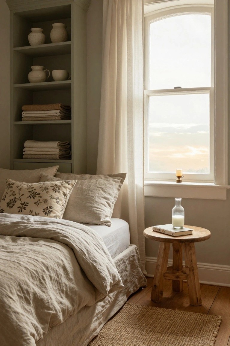 Bedroom corner showing a low bed with beige linen duvet and pillows trailing onto seagrass rug, wooden stool beside it holding open book and glass milk bottle on side table, large window with sheer curtains and candle on sill, sage green built-in shelves with pottery and folded linens.