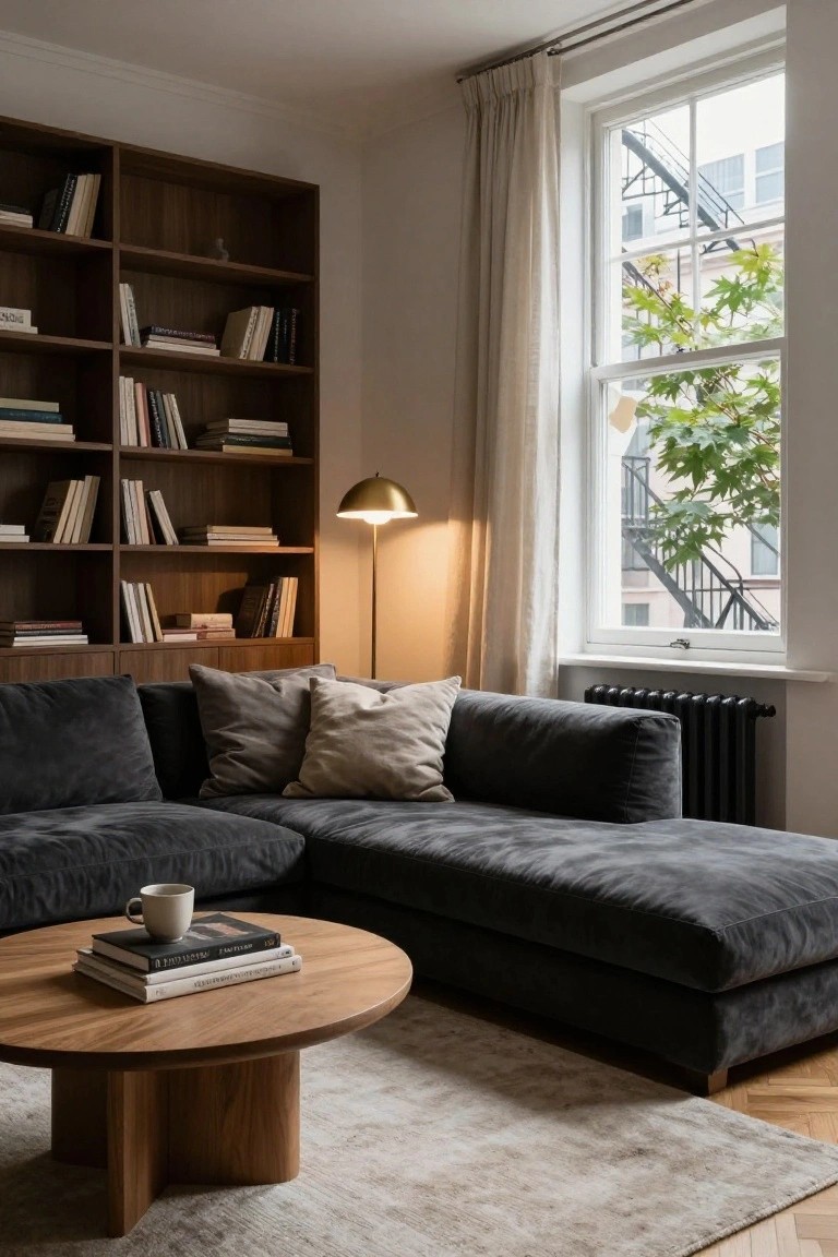A dark grey velvet L-shaped sofa with neutral pillows sits against wooden bookshelves in a living room, next to a round wooden coffee table with stacked books and a white mug, illuminated by a gold floor lamp near a large window with white curtains.