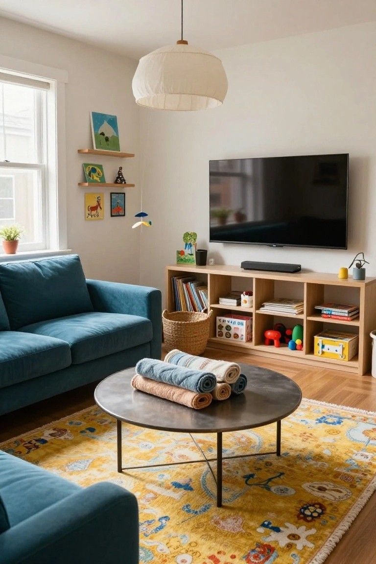 Teal upholstered sofa in a light-walled living room with wooden media console under TV holding books toys and baskets, round metal coffee table stacked with folded blankets, and yellow patterned area rug.