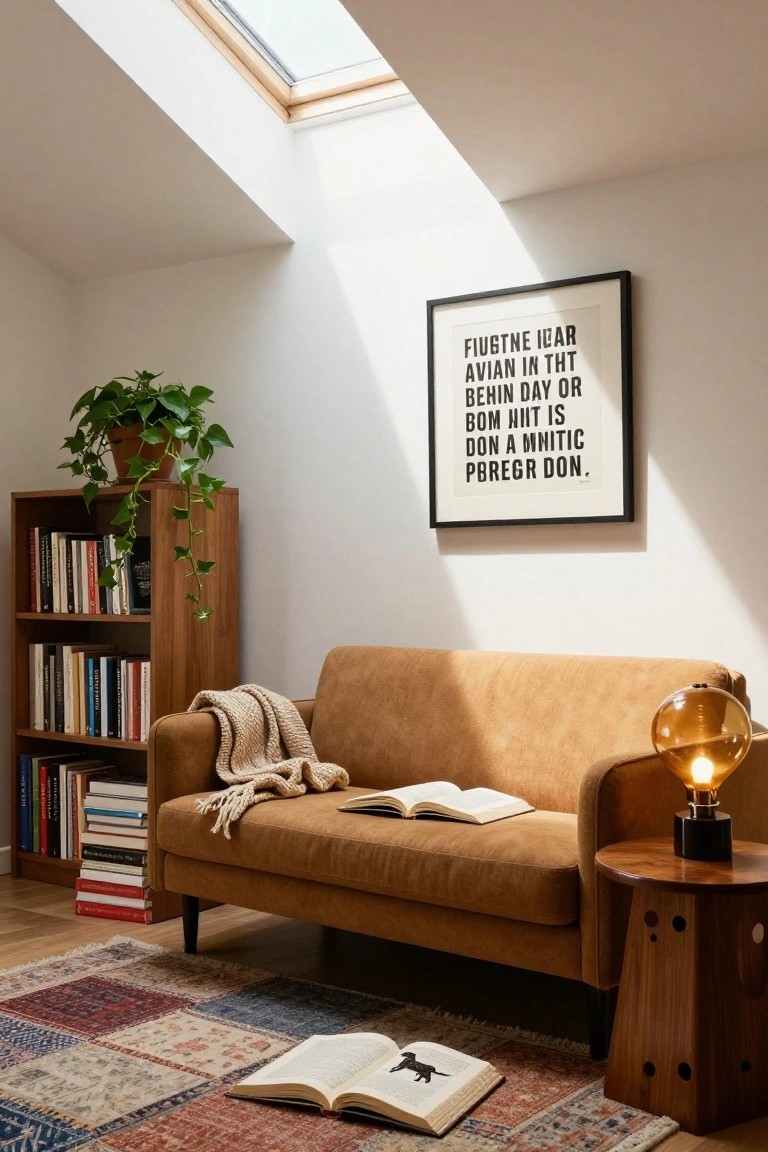 Tan leather sofa with a cream knit throw draped over the arm and open books on the seat and floor nearby, in a sunlit room with wooden bookshelves, potted plant, artwork on wall, and skylight overhead.