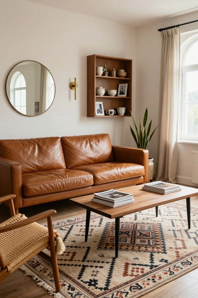 Living room with tan leather two-seater sofa, wooden coffee table holding stacked magazines, rattan armchair with woven seat, patterned rug, wooden wall shelves with ceramics, round brass mirror, snake plant in ceramic pot, and arched window with sheer curtains on light wood floors.