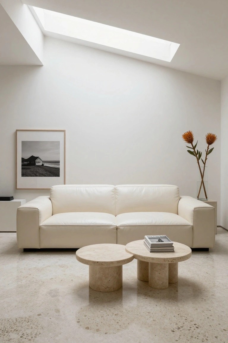 A minimalist living room with a white leather L-shaped sofa facing two round travertine coffee tables on a polished concrete floor, a black-and-white framed photo on the wall, and two tall dried protea stems in a glass vase.
