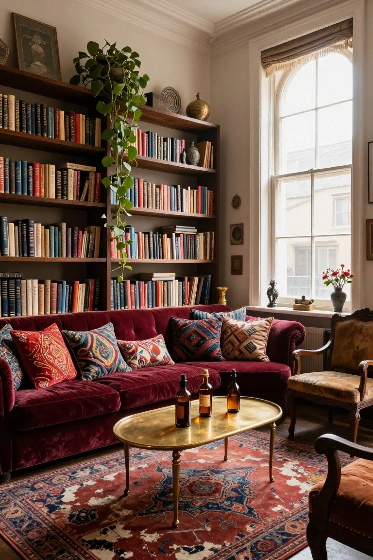 Crimson tufted velvet sofa with multicolored patterned pillows on a Persian rug in a wood-paneled room with floor-to-ceiling bookshelves, hanging plants, brass coffee table with glass bottles, and antique chairs.