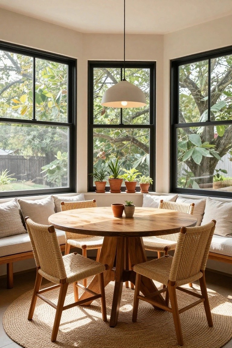 Bay window nook with beige built-in banquette seating, round wooden table, rattan chairs, potted plants on windowsills, and trees visible outside through black-framed windows.