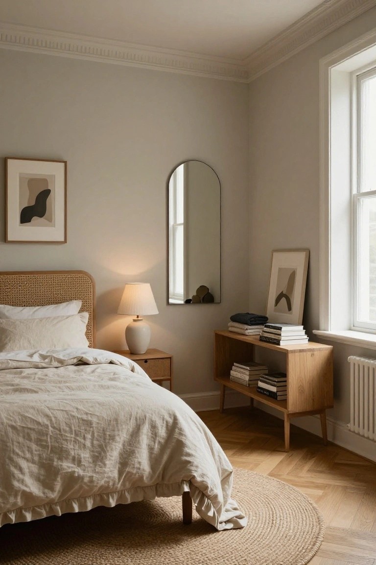 Corner view of a light bedroom with a rattan headboard bed draped in white linen bedding, a ceramic lamp on a wooden nightstand, arched mirror on the wall, wooden shelf unit with books and folded linens, pale walls, large window, hardwood floors, and seagrass rug.