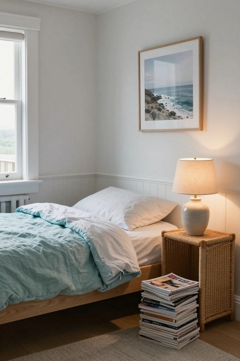 A cozy bedroom corner with a low wooden bed covered in light blue quilt and white pillows, next to a rattan nightstand holding a white ceramic lamp and tall stack of magazines, lit softly by the lamp near a window.