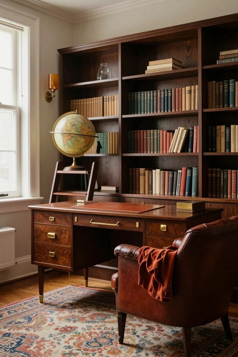 A home study room with floor-to-ceiling wooden bookshelves filled with books, a wooden desk with leather inset and brass hardware, leather armchair with draped throw, globe on stand, wall sconce, radiator, and patterned rug on wood floor.