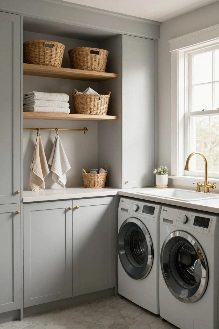 Light gray shaker-style cabinetry surrounding white front-loading washer and dryer in a laundry room, with oak shelves holding wicker baskets of towels and linens, a gold hanging bar with dish towels, a white utility sink with gold faucet, and hexagonal floor tiles.
