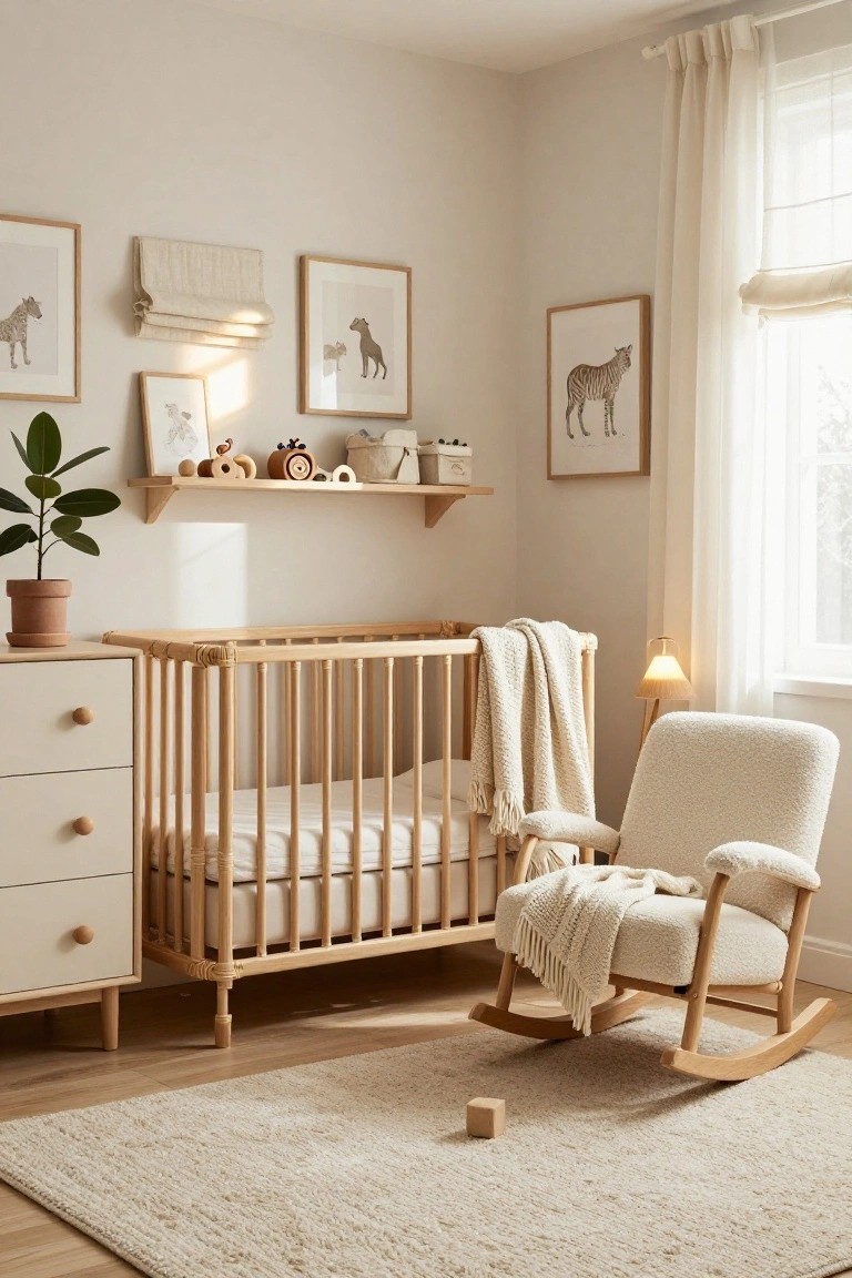 A beige nursery room with wooden crib, dresser, rocking chair with blankets, shelves holding wooden toys and baskets, potted plant, framed giraffe and zebra artwork, and sheer curtains on a window.
