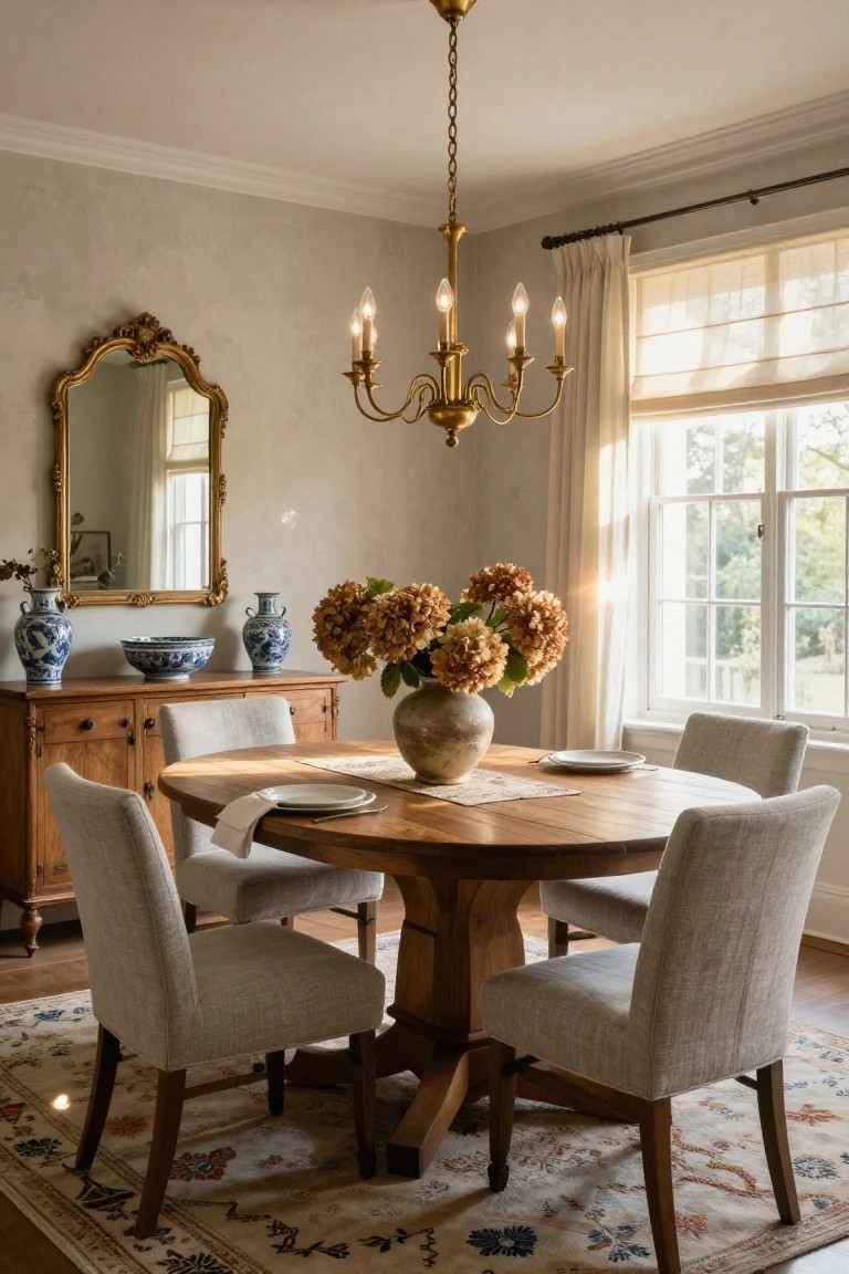 A sunlit dining room with a round wooden table and four light gray upholstered armchairs, a wooden sideboard holding blue-and-white ceramics and a vase of hydrangeas, an ornate gold mirror, brass chandelier, neutral walls, patterned rug, and tall windows with sheer curtains.