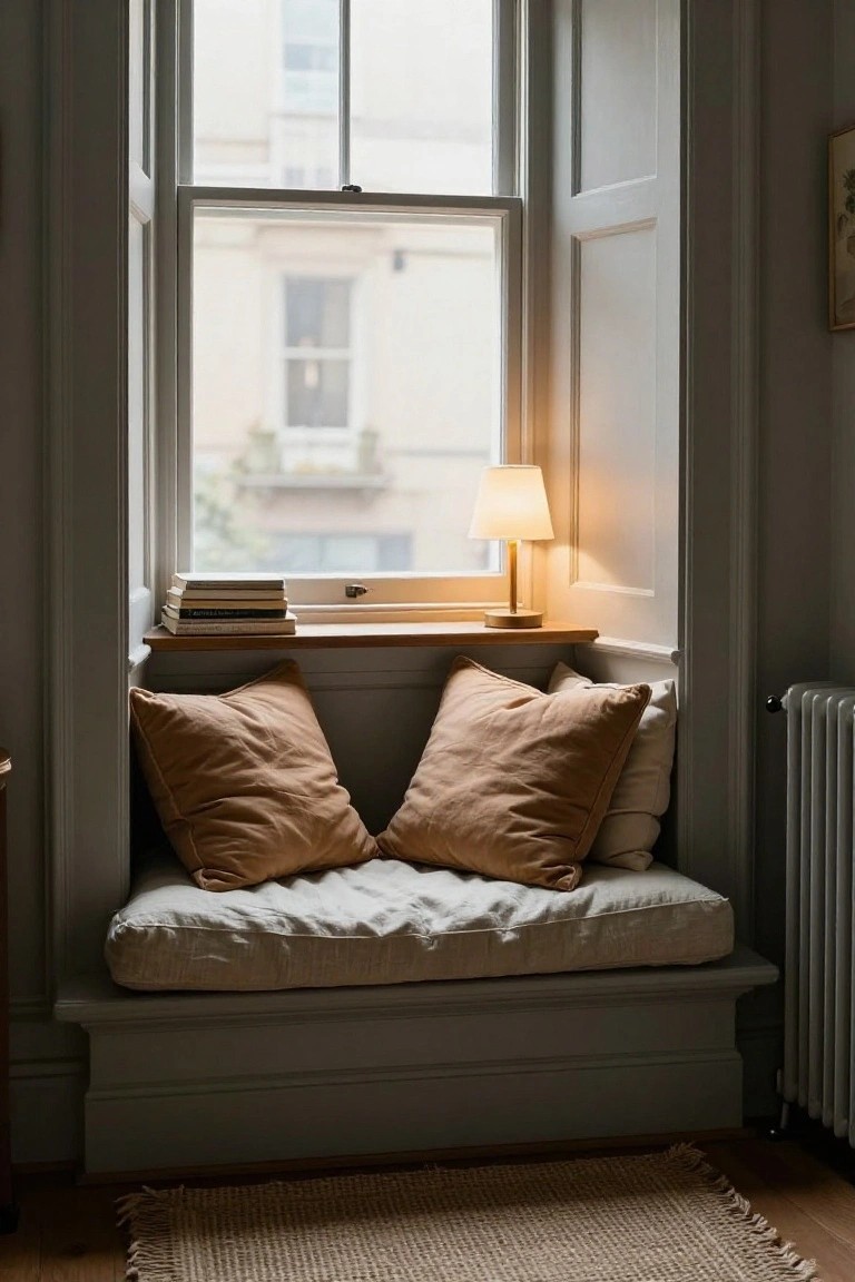 Window seat built into a gray alcove with beige cushions and pillows on white linen, wooden sill holding stacked books and a small lit lamp, white radiator beside it, seagrass rug on wood floor.