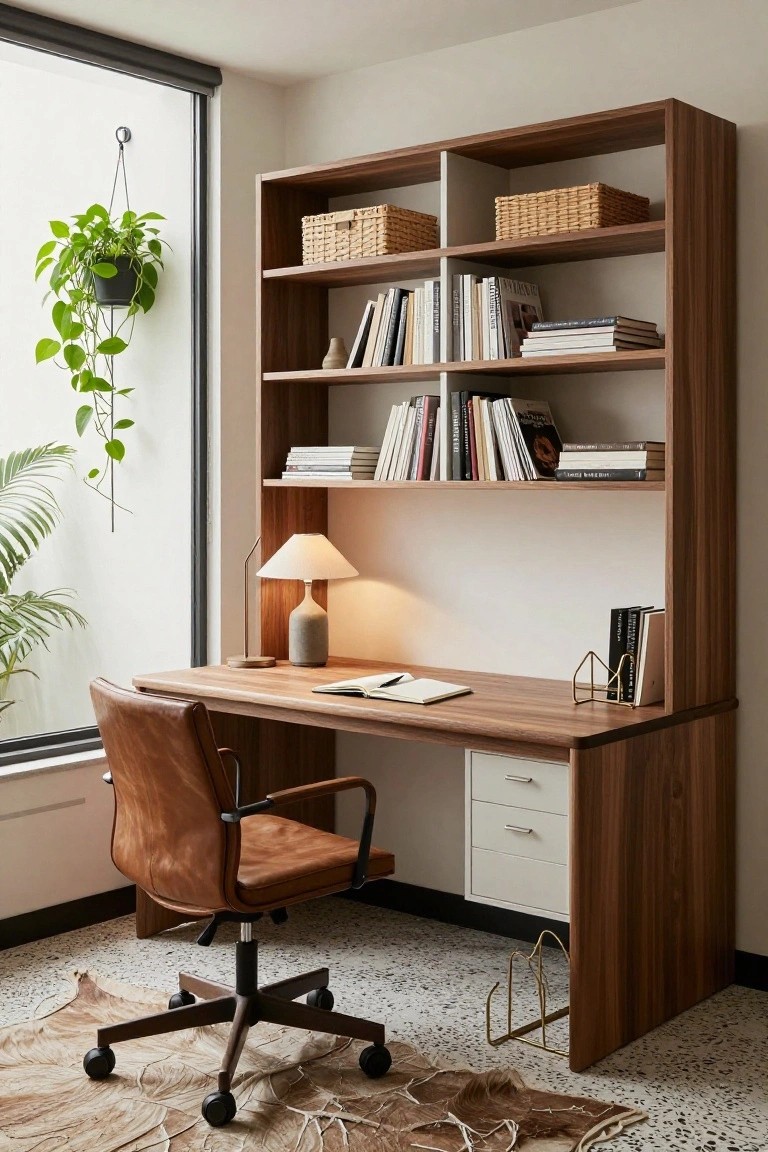 Tall wooden shelving unit with integrated desk topped by an open notebook and lamp, brown leather armchair, books and baskets on shelves, hanging plant by window in a light room with terrazzo floor.