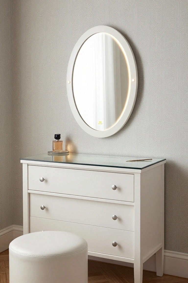 White oval mirror with LED edge lighting above a glass-topped white dresser with three drawers, a perfume bottle and incense stick on the top, paired with a white leather stool, set against gray patterned wallpaper in a corner room.