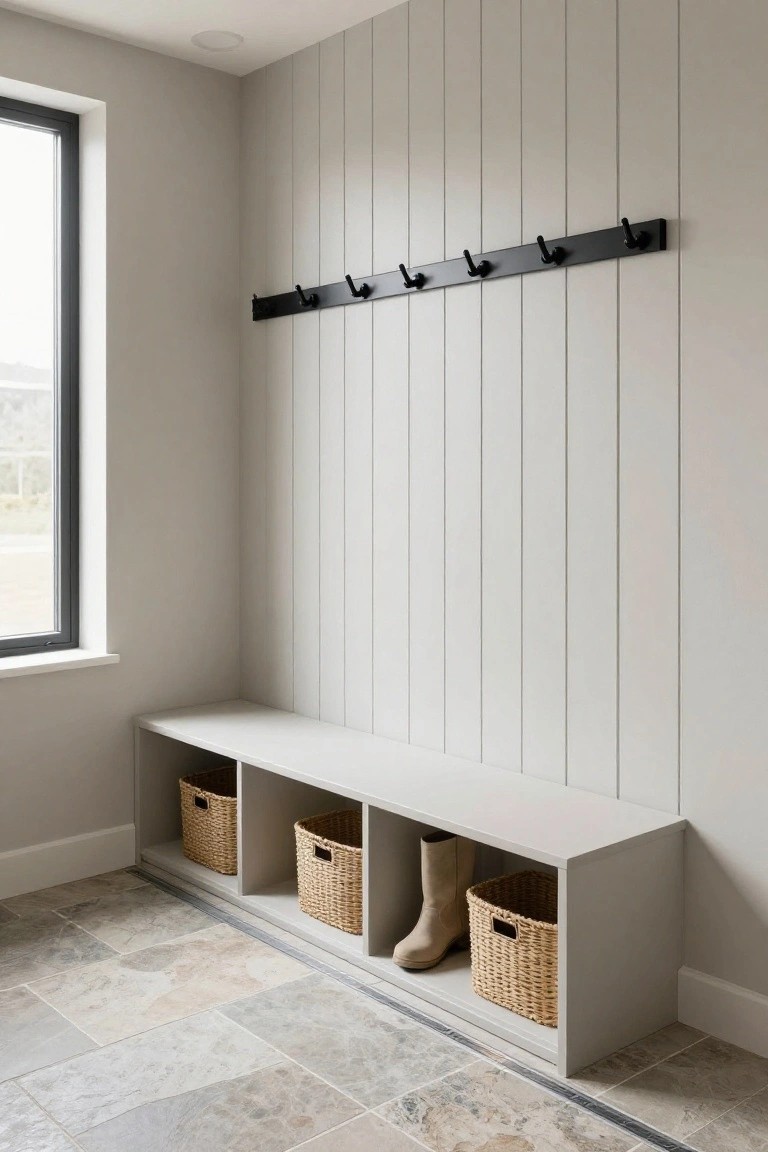 Light shiplap wall in an entryway with black hooks above a white bench that has open cubbies containing wicker baskets and tall beige boots on a tiled floor.