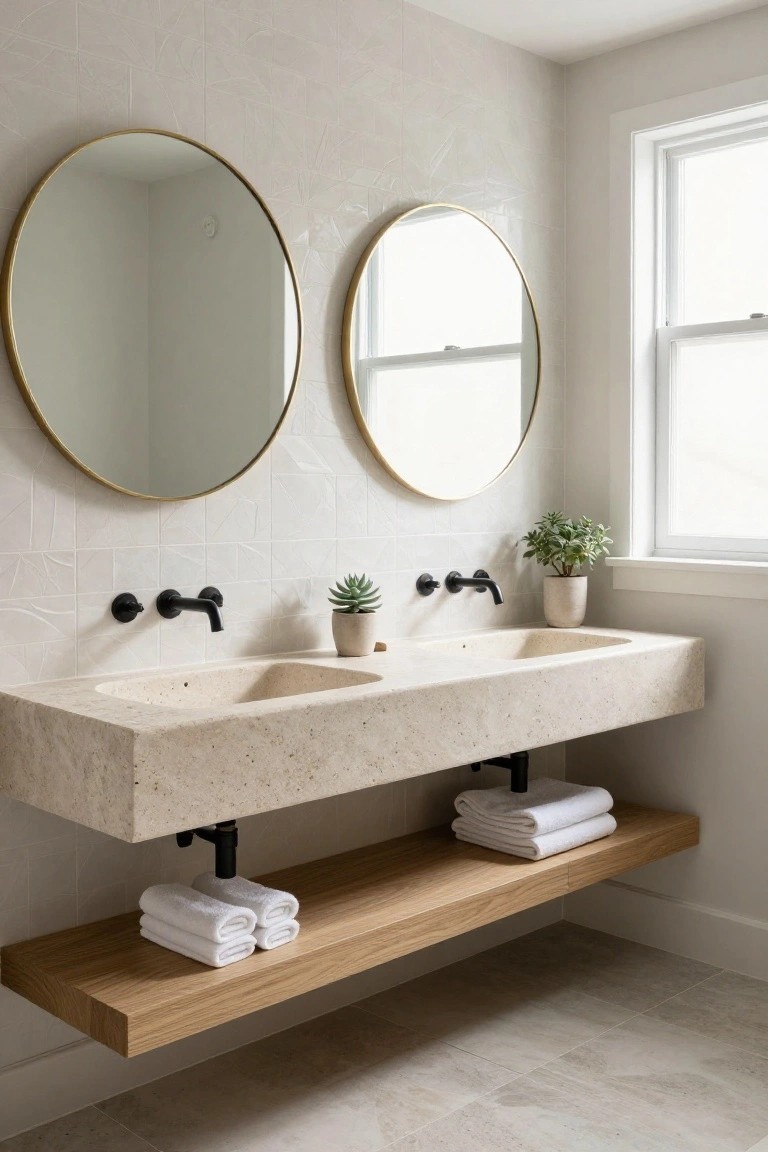 Modern bathroom with floating beige stone double vanity, two integrated sinks, black faucets, two gold round mirrors above, potted plants nearby, wooden shelf with folded white towels below vanity, white tiled walls, and light stone floor.