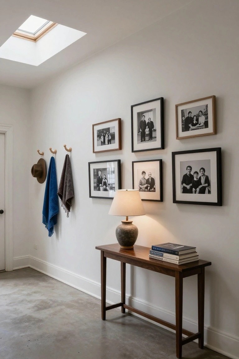 White interior hallway featuring a gallery wall of black-and-white framed family photos, wooden wall hooks with a brown hat and blue and gray towels, a wooden console table holding a lamp, ceramic vase, and stacked books on polished concrete flooring, with a skylight overhead.
