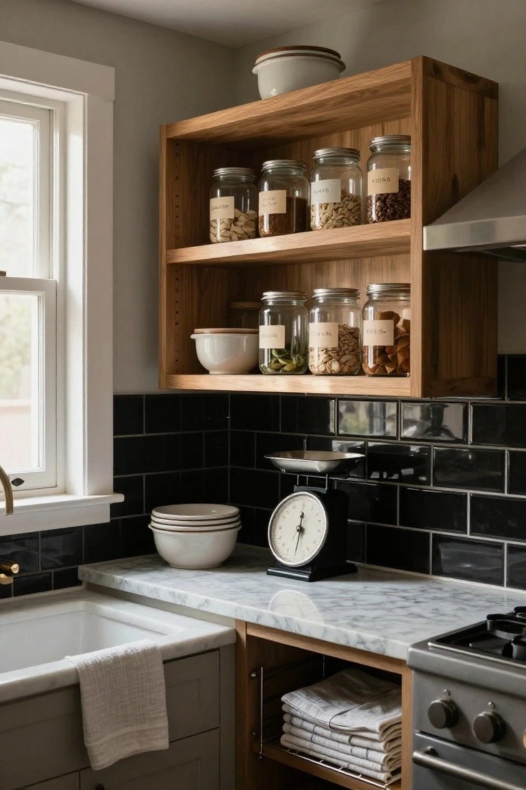 Kitchen corner featuring open wooden shelves stocked with labeled glass jars of nuts, beans, spices, and a white bowl, adjacent to black subway tile backsplash, marble countertop, sink, scale, and stainless steel stove.