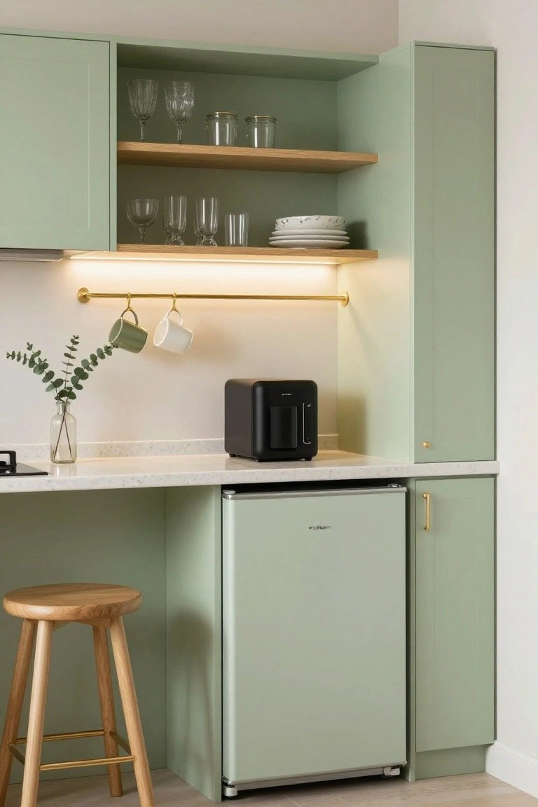 Compact kitchen corner with sage green cabinets and fridge, white countertop, black toaster, hanging mugs on gold rail, eucalyptus stems, glassware on shelves, and wooden stool.