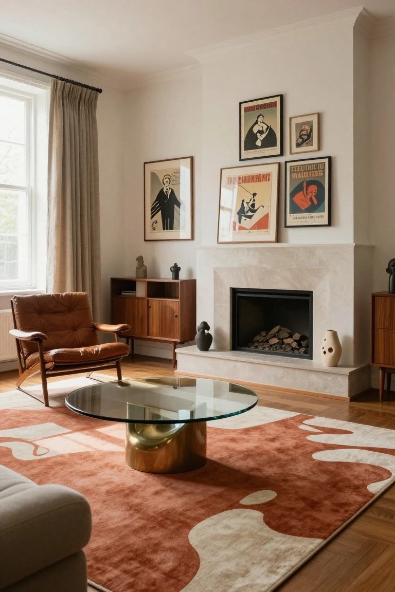 A living room interior with a large terracotta and cream abstract rug under a glass and brass coffee table, next to a tan leather armchair, wooden credenza and sideboard, limestone fireplace, ceramic sculptures, and assorted framed art posters on white walls.