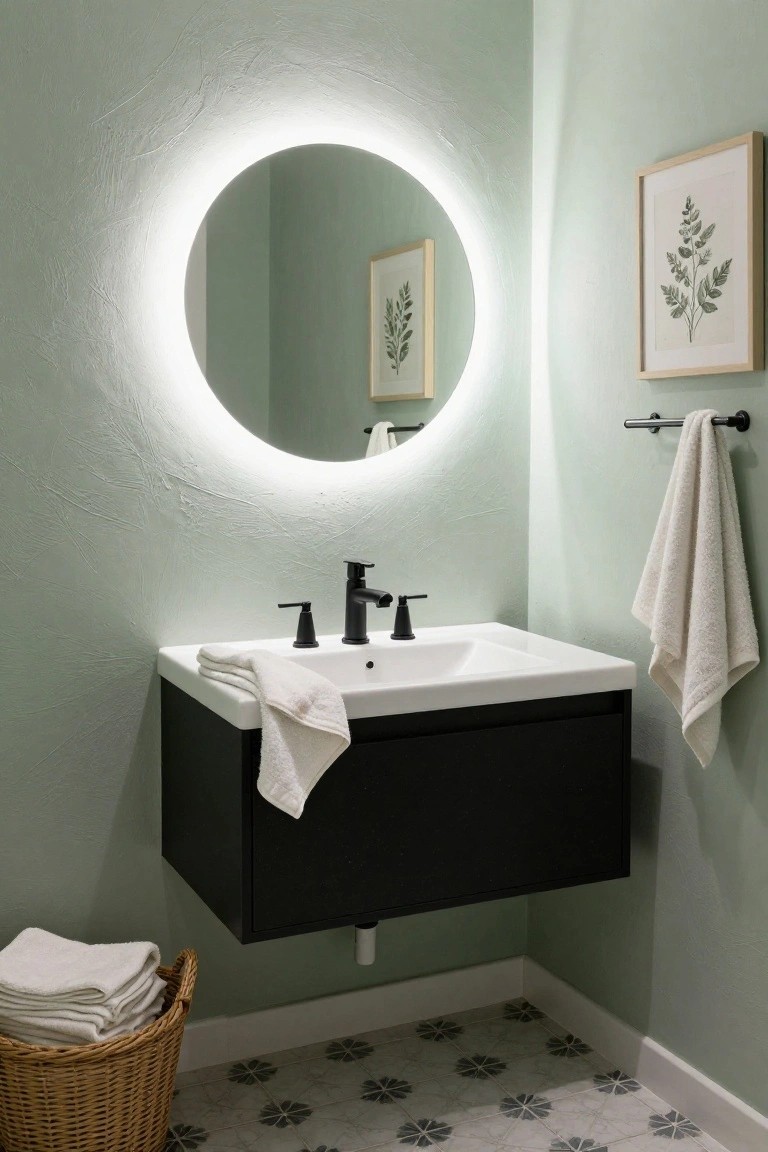 Corner of a bathroom with pale green textured walls, round backlit mirror above a floating black vanity and white sink with matte black faucet, white towels draped on the vanity and a nearby bar, framed botanical print, wicker basket of towels, and gray tile floor with starburst pattern.